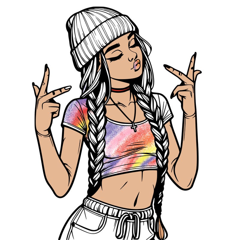 realistic teenage girl with braids and a beanie and crop top doing 🫶🏼