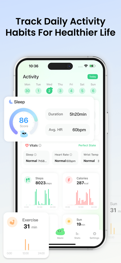 PulseBuddy AI: Stress Monitor - PulseBuddy AI app interface showing daily health metrics including sleep vitals steps and activity habits tracking