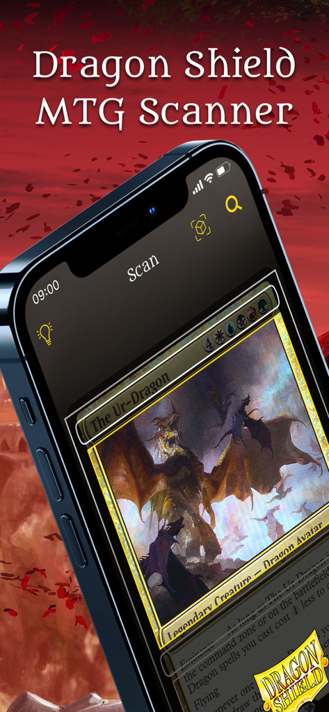 Écran de smartphone montrant l'application Dragon Shield MTG Scanner reconnaissant la carte The Ur-Dragon