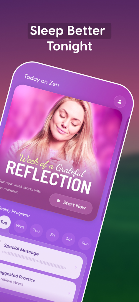 Zen app interface showing a Grateful Reflection meditation program and sleep improvement tools