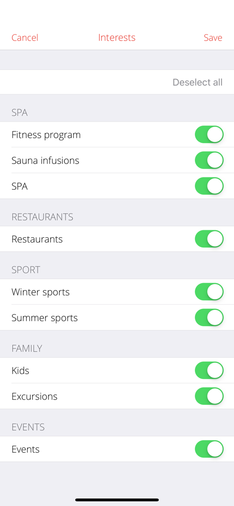 aja Resorts - Tela de seleção de interesses no aplicativo aja Resorts mostrando categorias para esportes de spa e atividades familiares