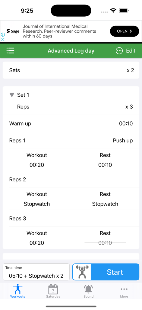 Tabata Timer for HIIT - Customizable HIIT workout timer interface showing sets and repetitions for an advanced leg day routine