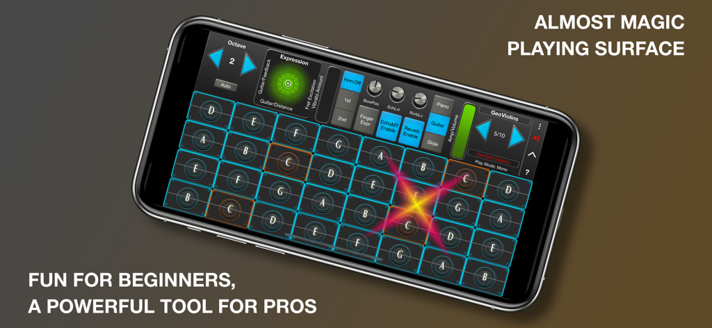 GeoShred Play - GeoShred Play app interface showing a diatonic keyboard on a smartphone screen