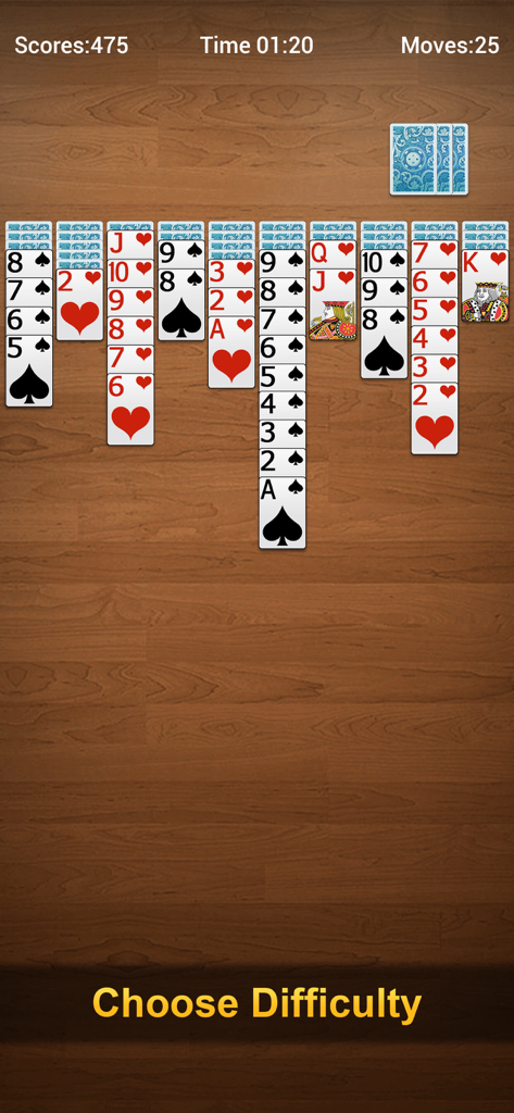 Spider Turbo - Solitaire Card - Spider Solitaire card game interface with large cards on a wooden background and a difficulty selection button