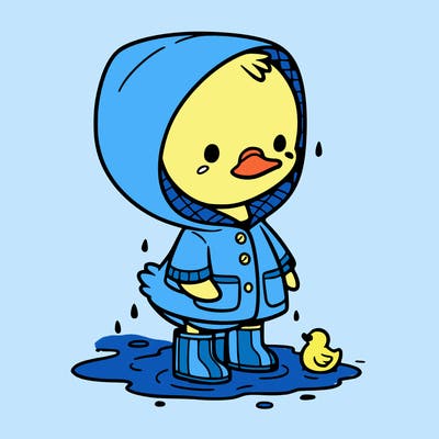 baby duck in a rain coat and boots, in a puddle while it’s raining