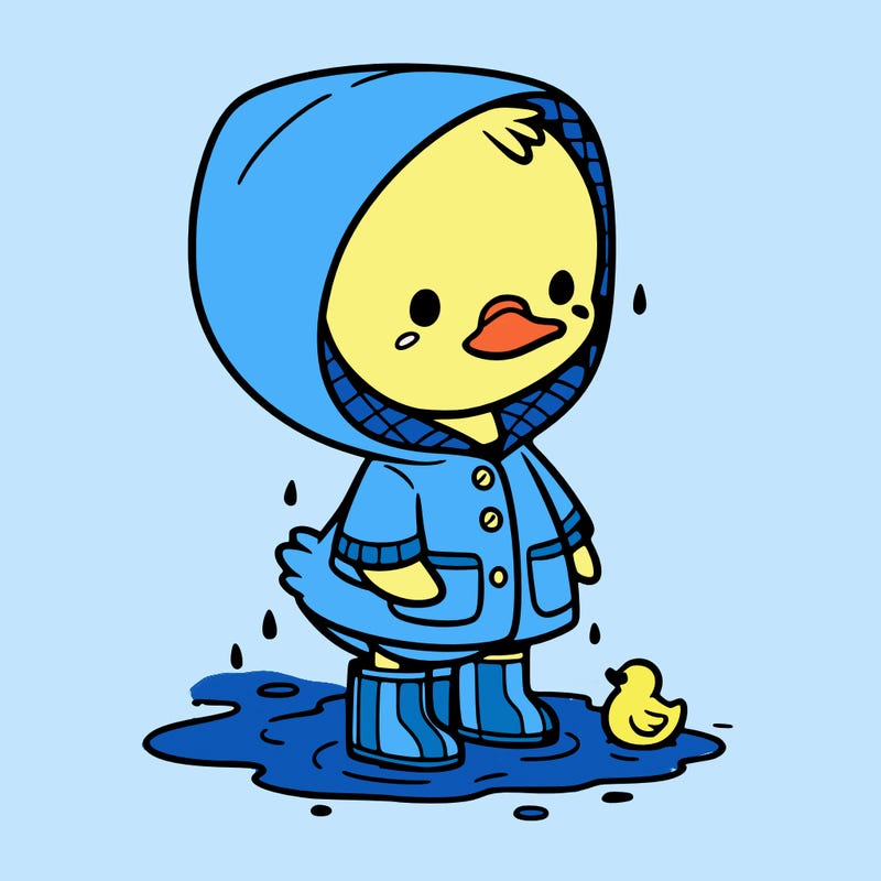 baby duck in a rain coat and boots, in a puddle while it’s raining