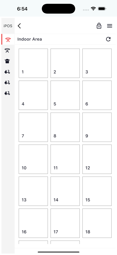 Table management view in the iPOS Restaurant POS app displaying a grid of numbered tables for indoor dining.