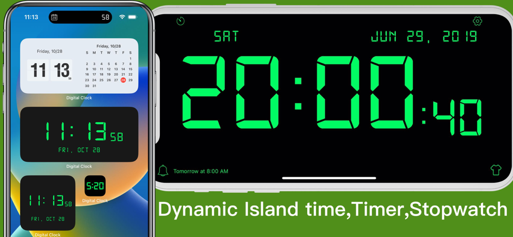 iPhone home screen featuring digital clock widgets and a full-screen green LED clock display with Dynamic Island time