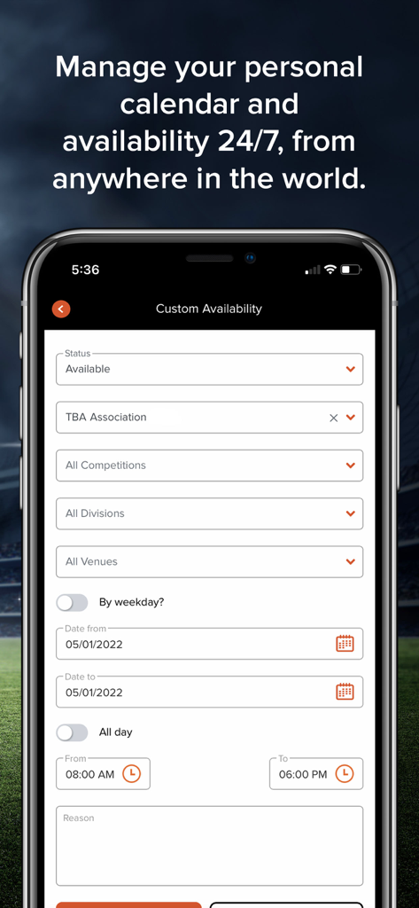 Interface de l'application Refbook pour gérer la disponibilité et le calendrier des arbitres