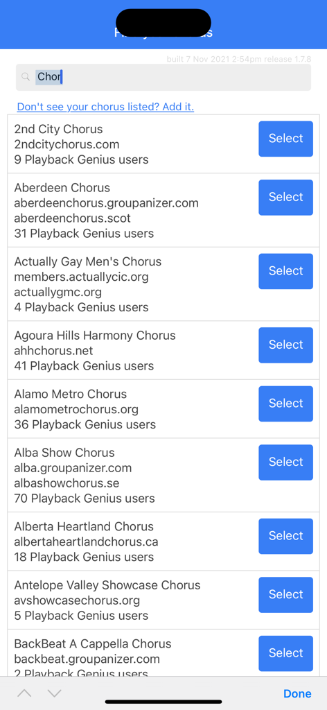 List of chorus groups in the Playback Genius app for choir members to select their ensemble