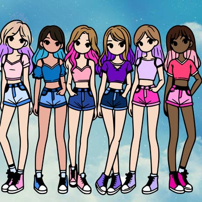 a group of girls wearing crop tops and shorts