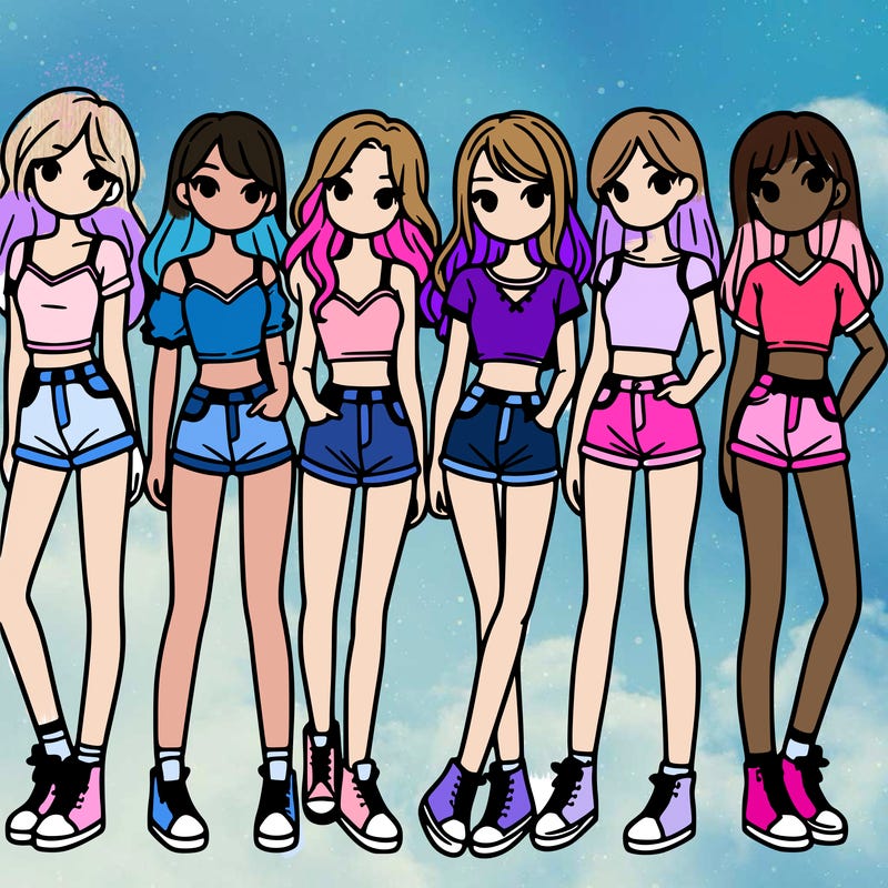 a group of girls wearing crop tops and shorts