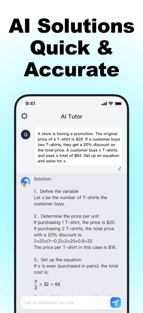 Quiz AI - AI Study Companion - Quiz AI app interface showing a step by step solution to a math word problem