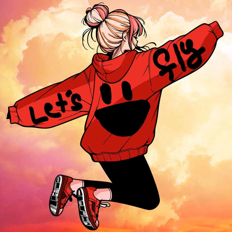 realistic girl jumping with a bun and oversized sweatshirt