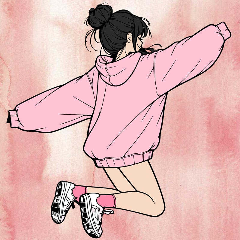 realistic girl jumping with a bun and oversized sweatshirt
