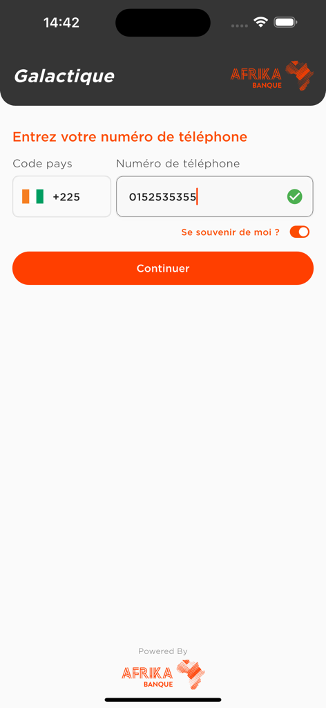Phone number entry screen for the Galactique CI mobile banking app