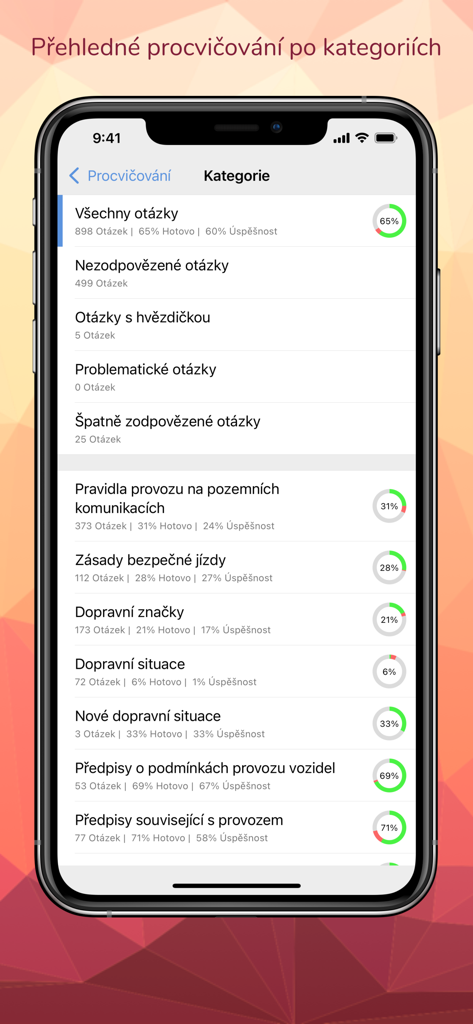 Screenshot of the categories screen in the Autoškola 2026 CZ app showing practice progress for different driving test topics
