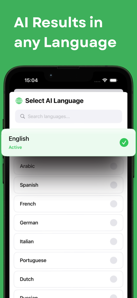 Plant Identifier & Flower Id - Pantalla de la aplicación móvil mostrando opciones de selección de idioma para los resultados de identificación de plantas con IA