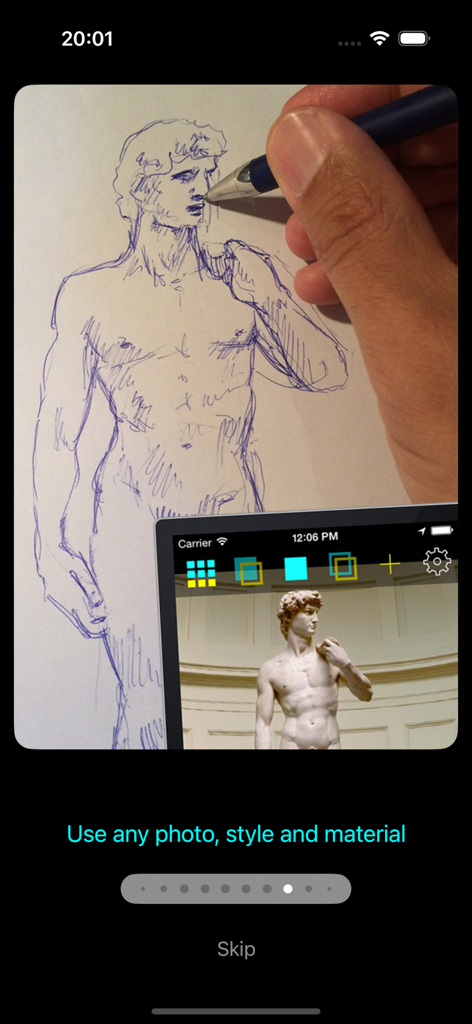 PainterTool - A hand drawing a physical sketch of a statue using the PainterTool app as a digital reference on a mobile screen