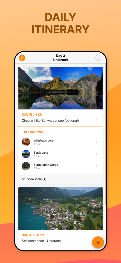 GUIBO - Tela do aplicativo GUIBO exibindo um roteiro diário detalhado para um passeio de caminhada organizado.