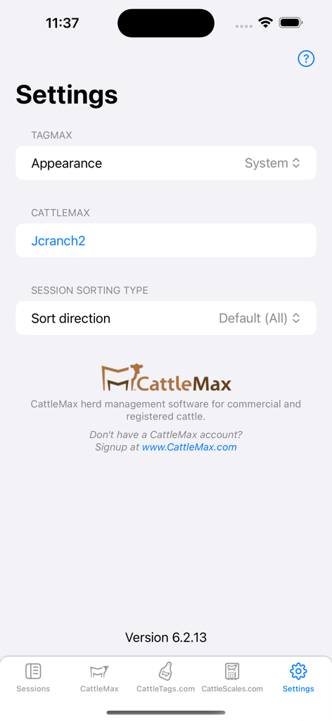 The settings screen of the TagMax app displaying appearance preferences and CattleMax account details
