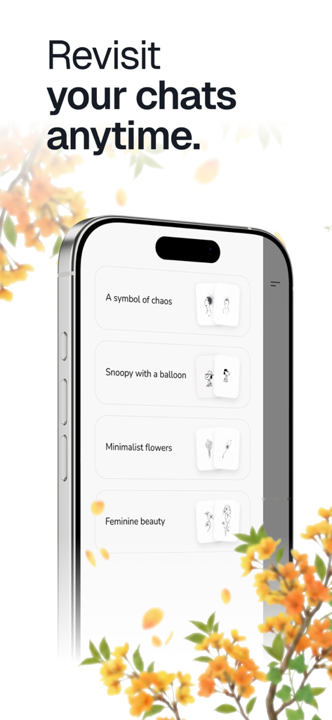 Minink - AI Tattoo Artist - A smartphone display of the Minink app chat history showing various AI generated tattoo concepts in black and white