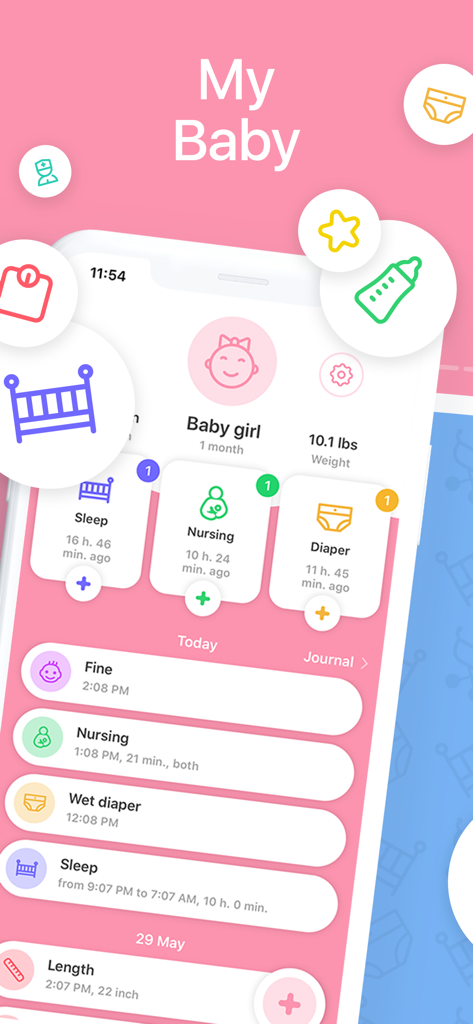 Baby Tracker • My Baby - My Babyトラッカーアプリのインターフェース。睡眠、授乳、おむつ記録のアイコンと、アクティビティの毎日のタイムラインが表示されています。