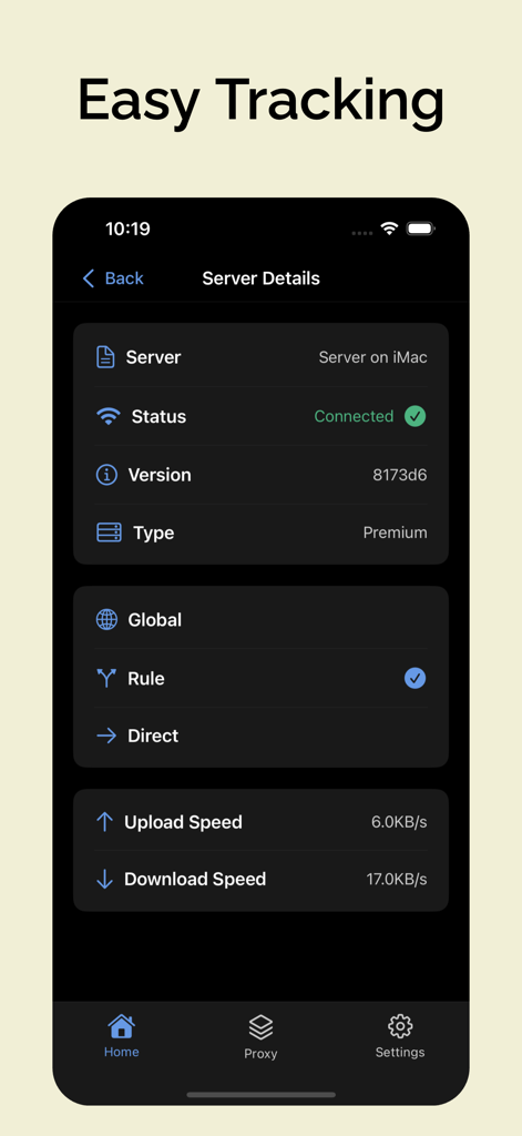 ClashX Pro - Server Manager - ClashX Pro server details screen displaying connection status and real-time network traffic speed