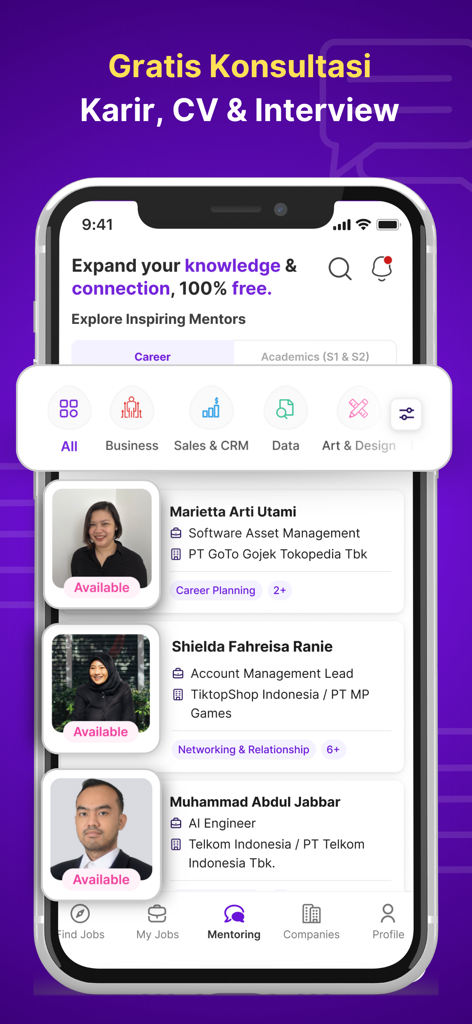 Dealls Jobs: Loker & Konsul CV - Dealls Jobs mobile app screen showing a list of available career mentors for free professional consultation.