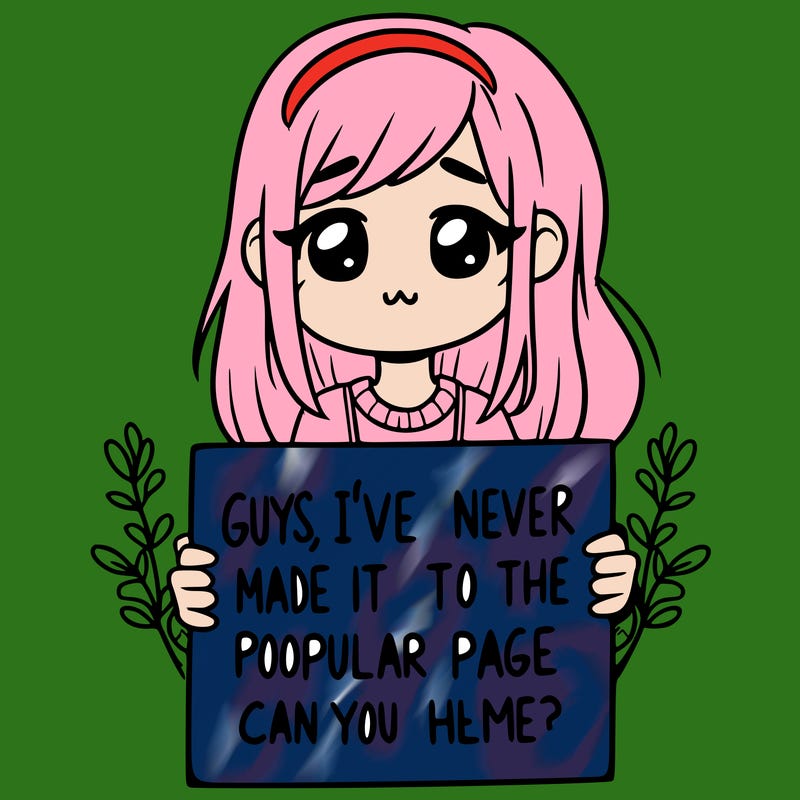 a girl holding up a sign that says, guys, i’ve never made it to the popular page, can you help me?