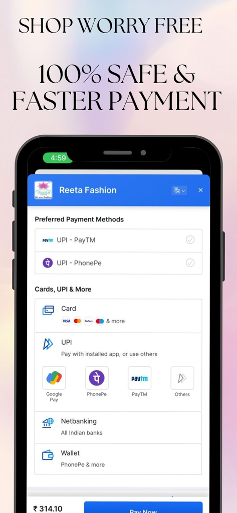 Reeta Fashion- Online Shopping - Reeta Fashion app secure checkout screen showing multiple payment methods including cards and UPI