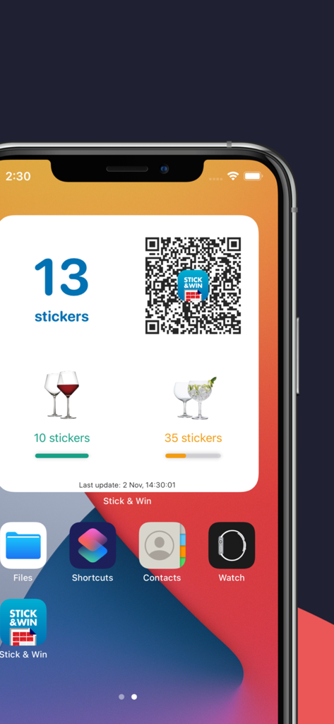 Stick & Win - Stick and Win app widget showing current stickers and reward progress on an iPhone screen