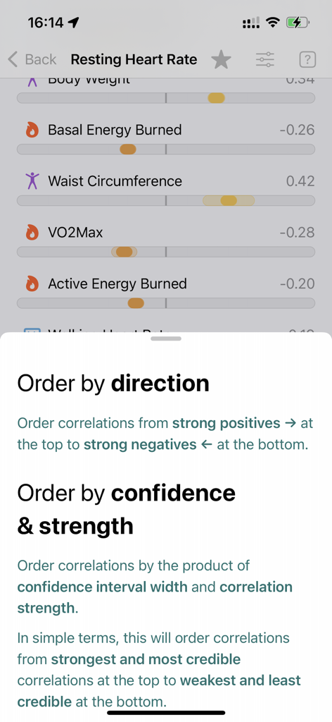 This & That - Interface showing options to sort health data correlations by direction and confidence in the This & That app.