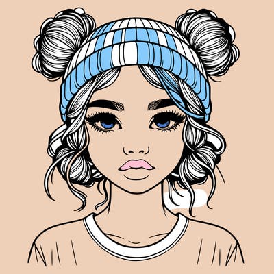realistic girl with buns in her hair with a beanie on