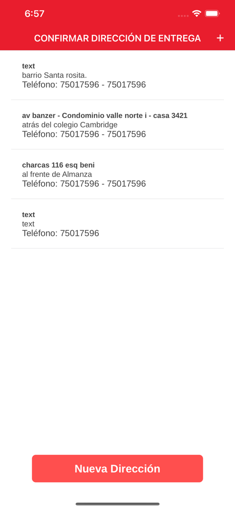 Screenshot of the Mixo app delivery address confirmation screen showing saved addresses and a button to add a new one.