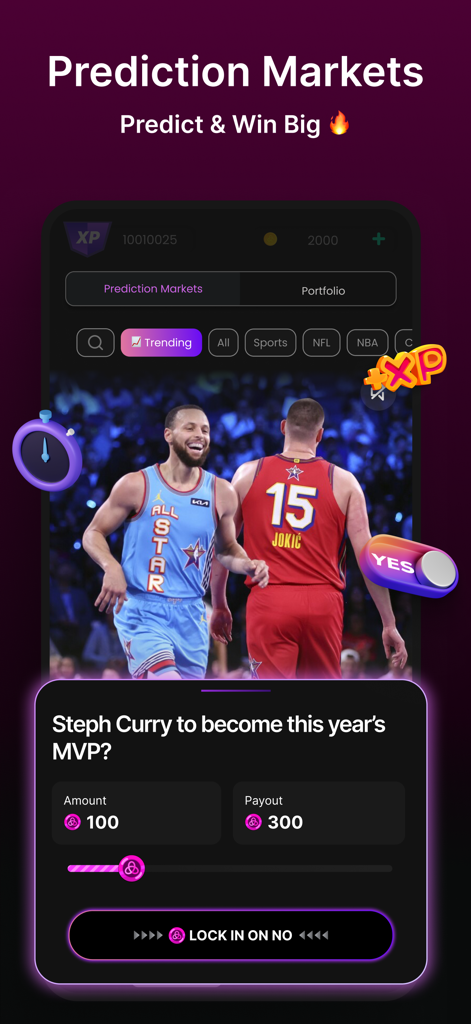 Plutus: Create, Play, Win - Plutus 앱 인터페이스 스포츠 예측 시장 NBA 선수 스테판 커리와 니콜라 요키치 기능