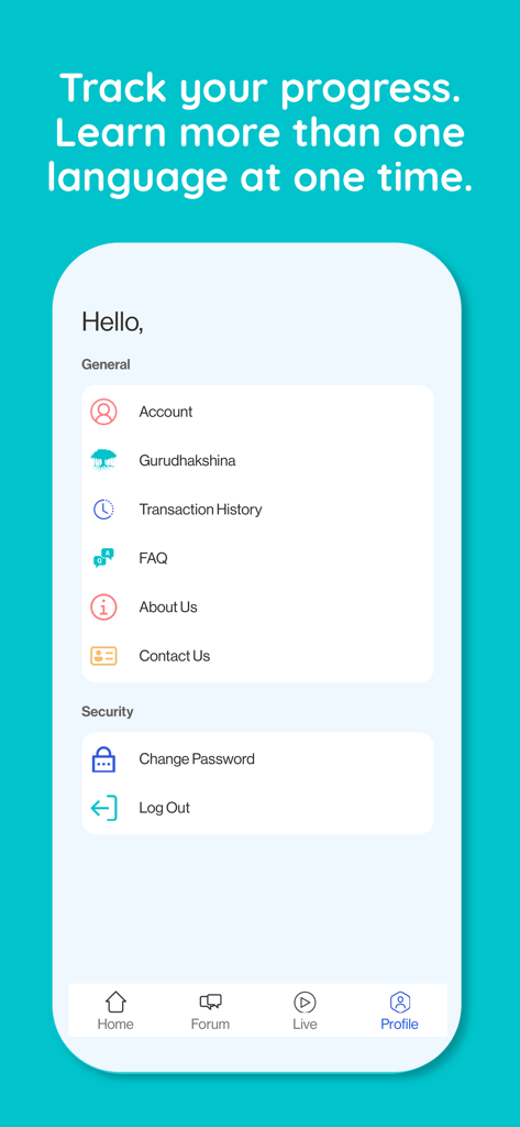 Language Curry - Speak Indian - Language Curry app profile screen displaying user settings and progress tracking options