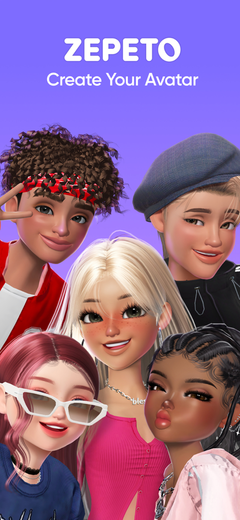 Cinq avatars 3D stylés affichés sous le logo de l'application ZEPETO et le texte Créer votre avatar