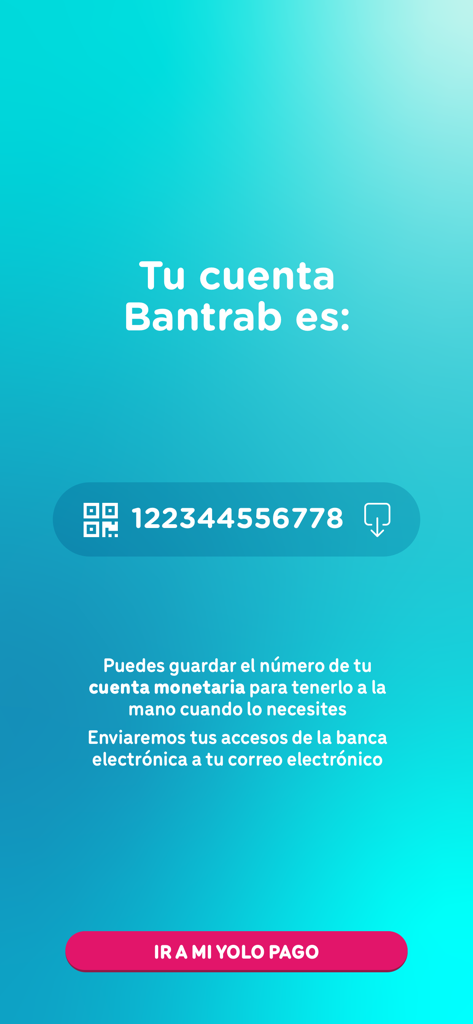 YOLO - Captura de pantalla de la app móvil YOLO mostrando el número de cuenta bancaria Bantrab y un botón para proceder a los servicios de pago.