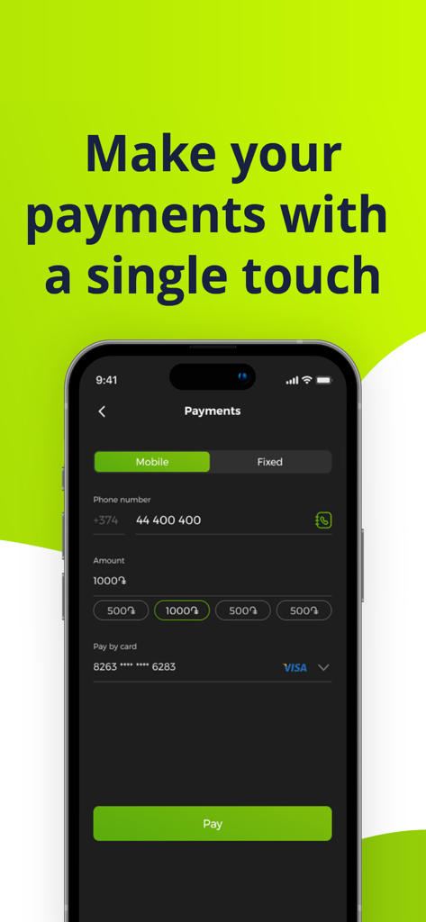 Ucom app interface showing the mobile payments screen for quick balance top-ups