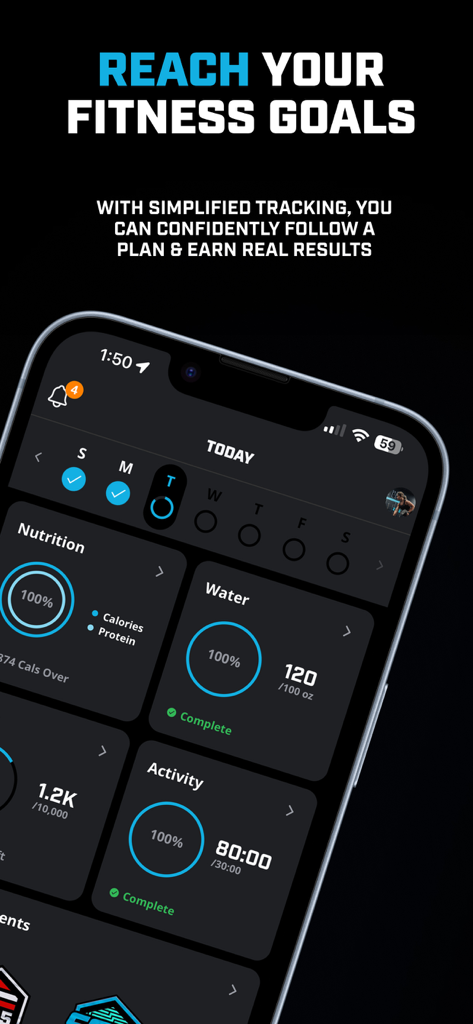 El panel de la aplicación 1st Phorm muestra el progreso diario de nutrición, agua y actividad