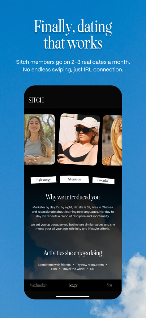 Sitch: AI Dating Matchmaker - Interfaz de la app de citas Sitch mostrando un perfil de pareja detallado con etiquetas de personalidad y razones para la presentación