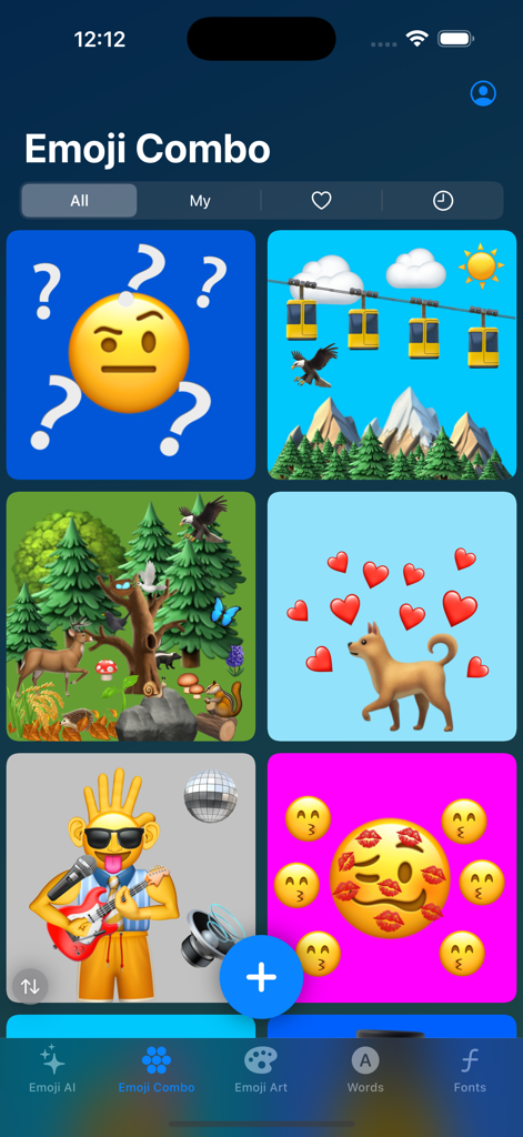 Una visualización de combinaciones creativas de emojis y diseños de stickers artísticos dentro de la aplicación Gemoji.