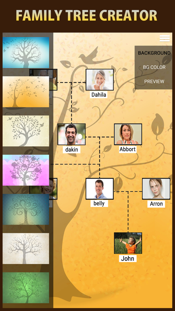 A family tree creator app interface showing family photos arranged in a genealogical chart with various background options