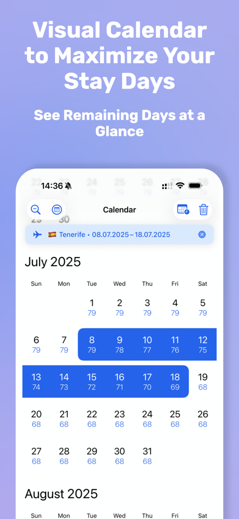 Vue calendrier visuelle de l'application Calculateur Schengen montrant les jours de séjour restants pour un voyage prévu.