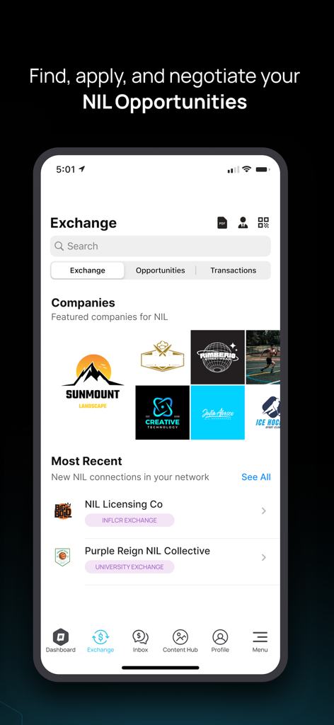 Mobile app interface of the Teamworks Influencer NIL exchange showing featured brand logos and athlete opportunities.
