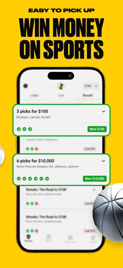 Underdog Sports - Underdog Sports app interface displaying successful sports pick results and cash prizes on a yellow background.