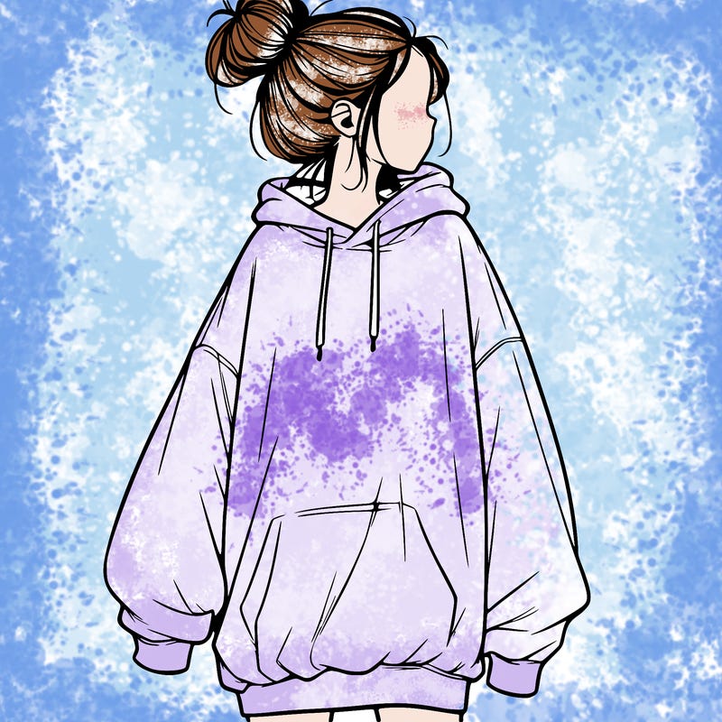 realistic girl with a oversized sweatshirt on and a bun