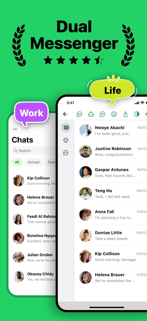Watsapp Deleted Message Backup - Interface showing the Dual Messenger feature separating work and personal life chat accounts