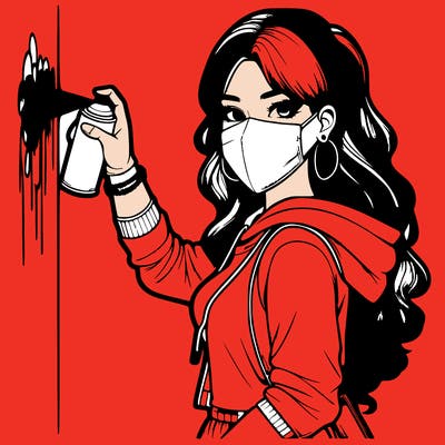 realistic girl with mask spray painting a wall